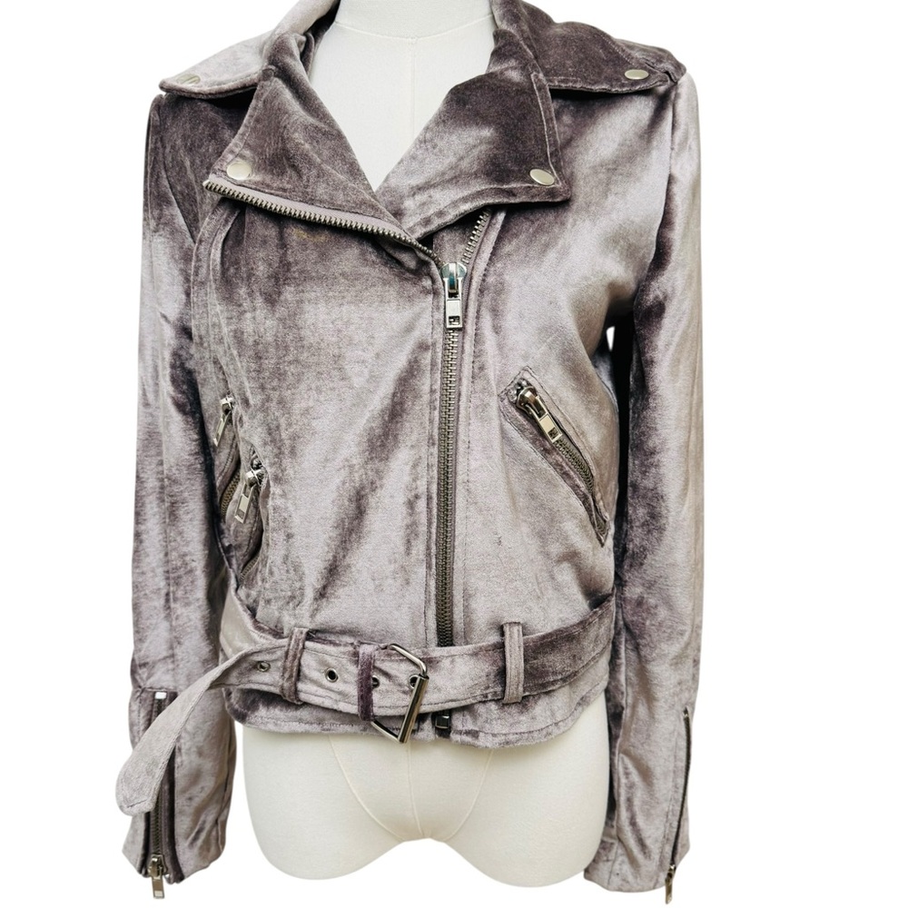 Walter Baker Silver Gray Velvet Moto Jacket Small Taupe Gray Belted Biker Zip